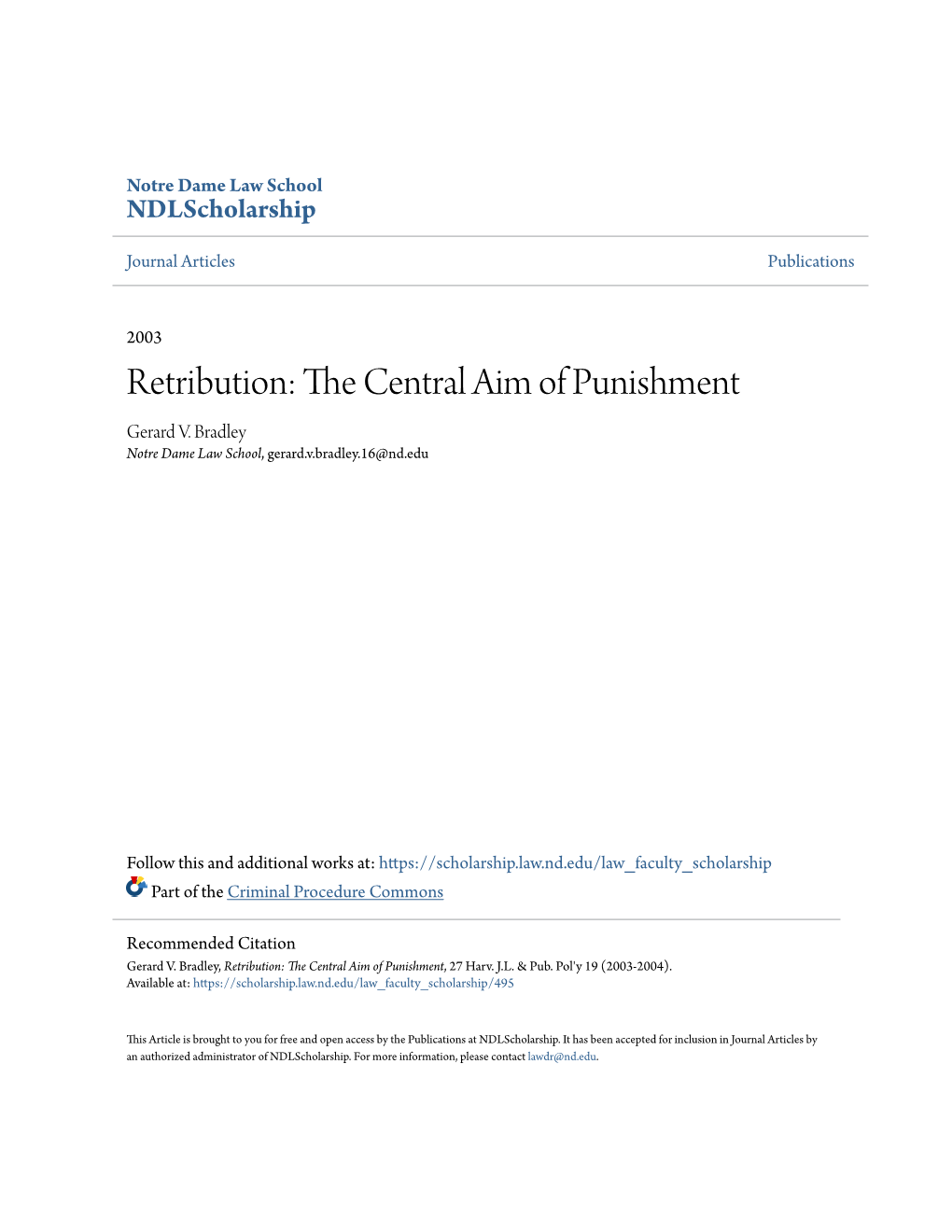 Retribution: the Ec Ntral Aim of Punishment Gerard V