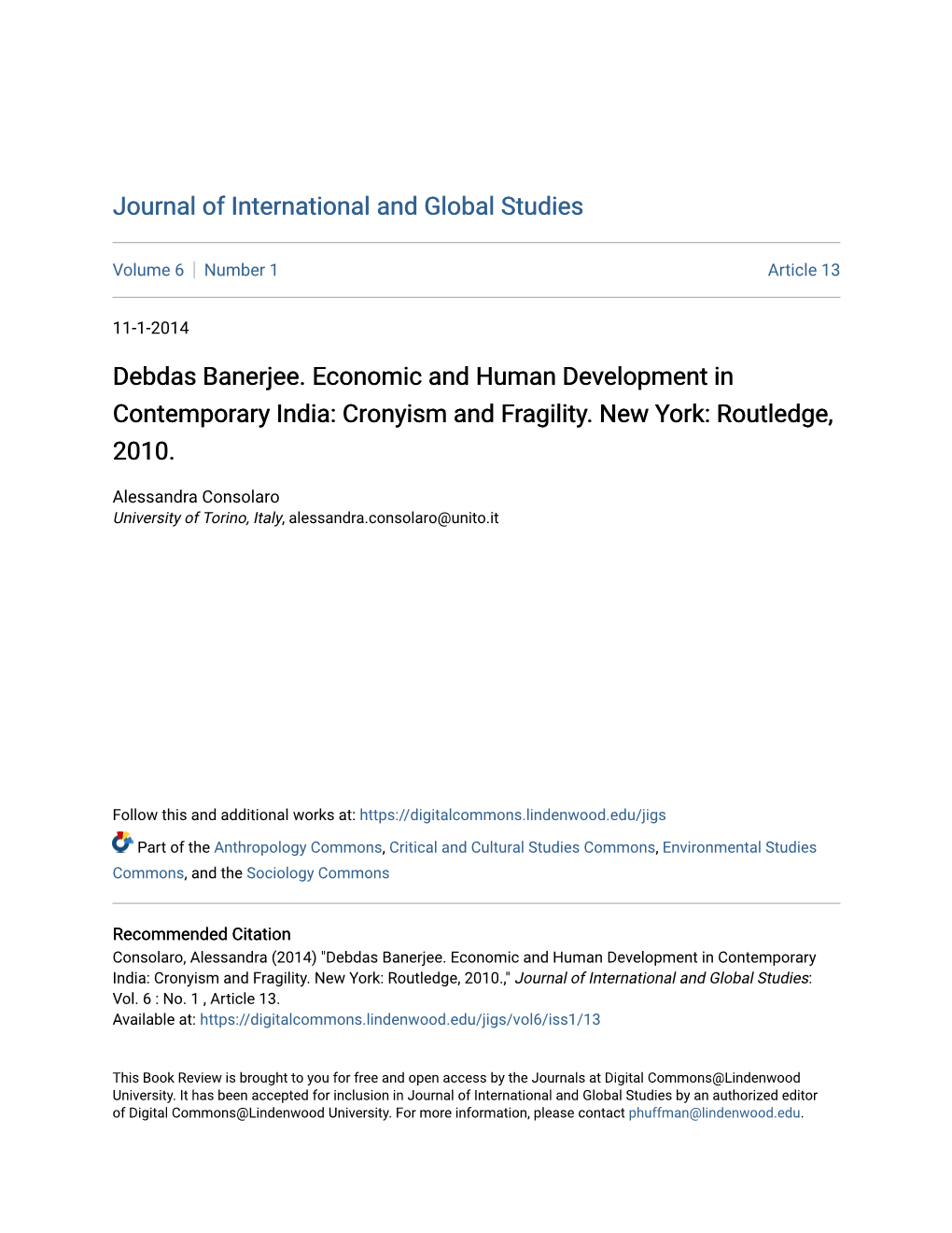 Debdas Banerjee. Economic and Human Development in Contemporary India: Cronyism and Fragility