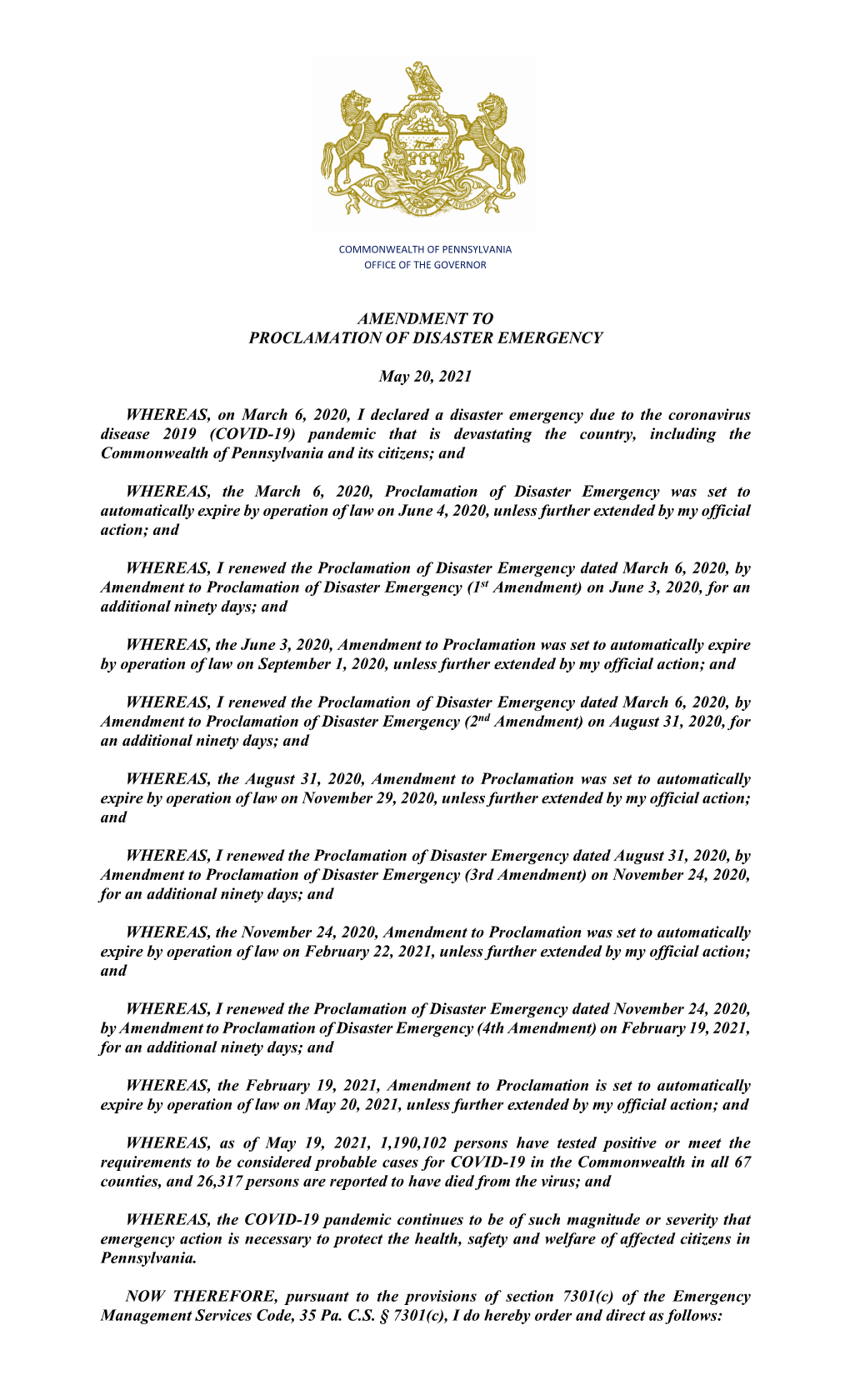 Amendment to Proclamation of Disaster Emergency