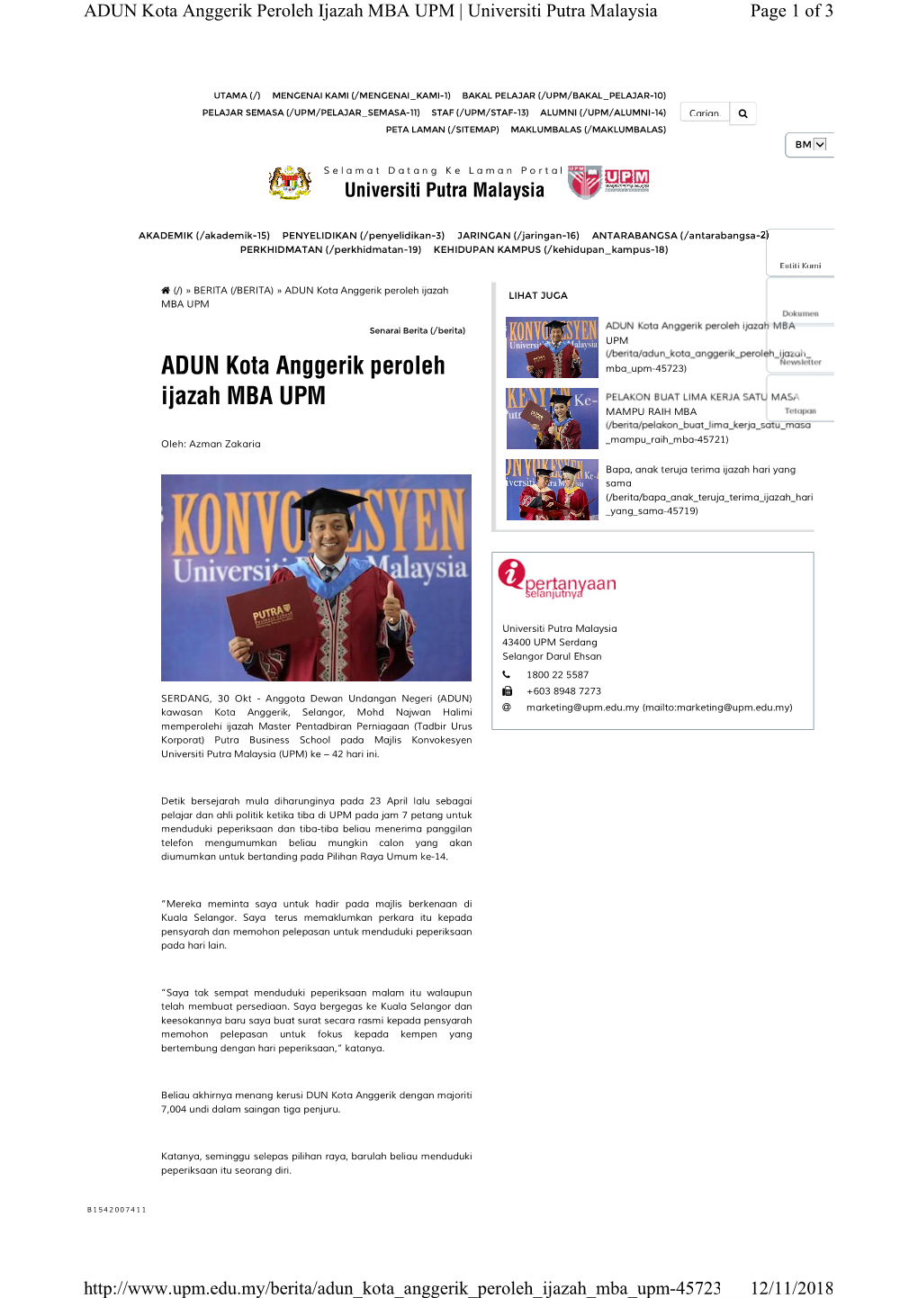 ADUN Kota Anggerik Peroleh Ijazah MBA UPM | Universiti Putra Malaysia Page 1 of 3