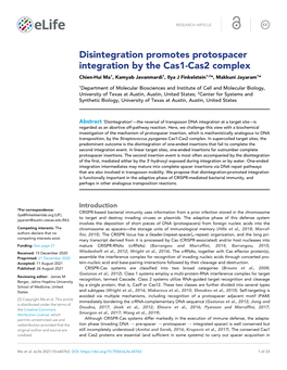 Disintegration Promotes Protospacer Integration by the Cas1-Cas2 Complex Chien-Hui Ma1, Kamyab Javanmardi1, Ilya J Finkelstein1,2*, Makkuni Jayaram1*