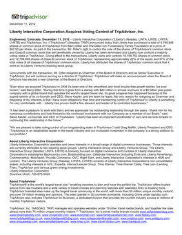 Liberty Interactive Corporation Acquires Voting Control of Tripadvisor, Inc