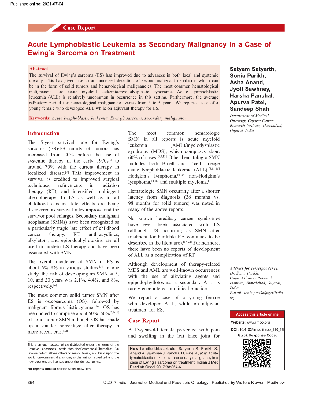 Acute Lymphoblastic Leukemia As Secondary Malignancy in a Case of Ewing’S Sarcoma on Treatment