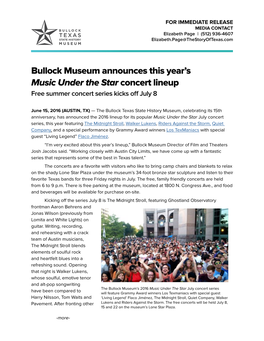 Bullock Museum Announces This Year's Music Under the Star Concert