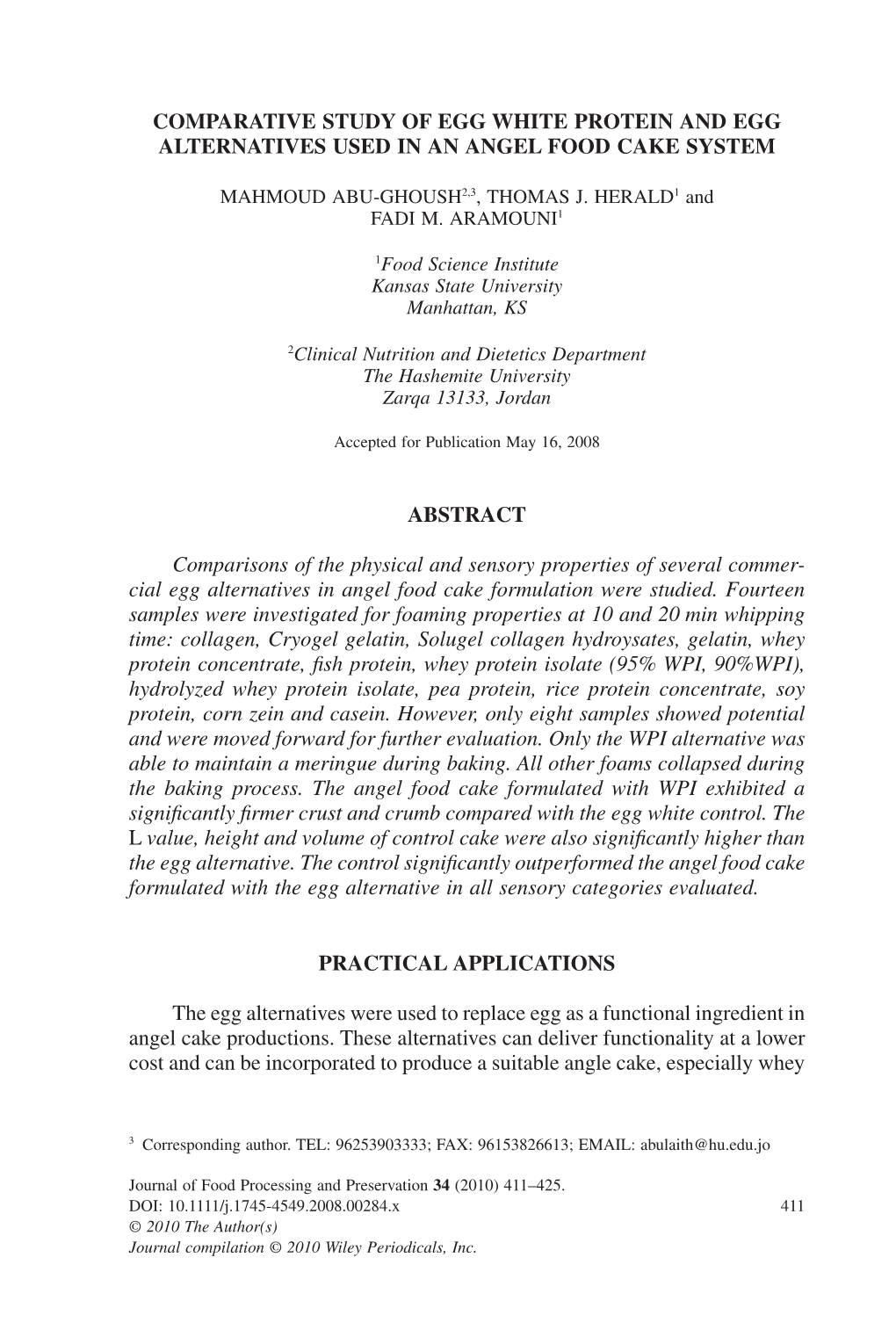 Comparative Study of Egg White Protein and Egg Alternatives Used in an Angel Food Cake System