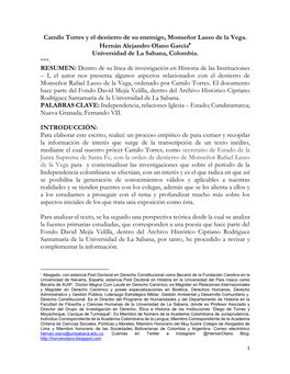 Camilo Torres Y El Destierro De Su Enemigo, Monseñor Lasso De La Vega. Hernán Alejandro Olano García* Universidad De La Saban