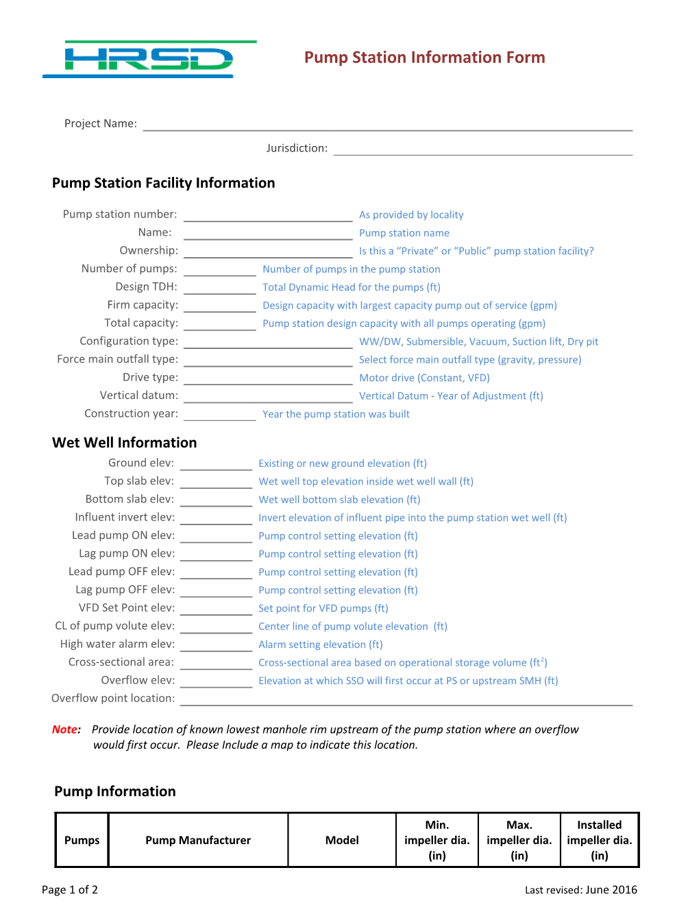 Pump Station Facility Information