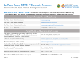 San Mateo County COVID-19 Community Resources: Behavioral Health, Food, Financial & Immigration Support
