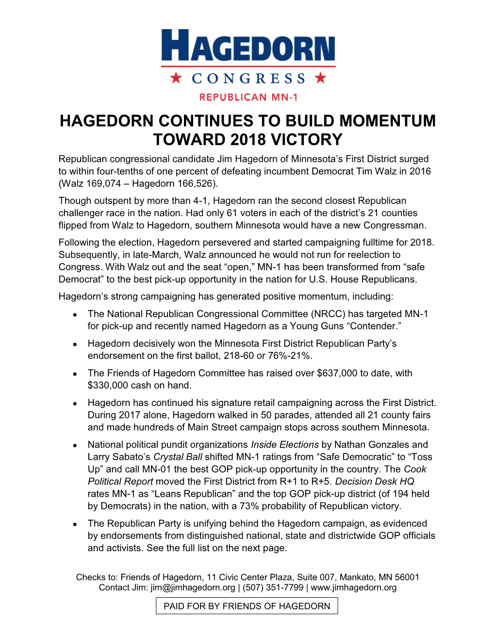 Hagedorn Continues to Build Momentum Toward 2018