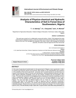 Analysis of Physico-Chemical and Hydraulic Characteristics of Soil in Forest Area of Southwestern, Nigeria