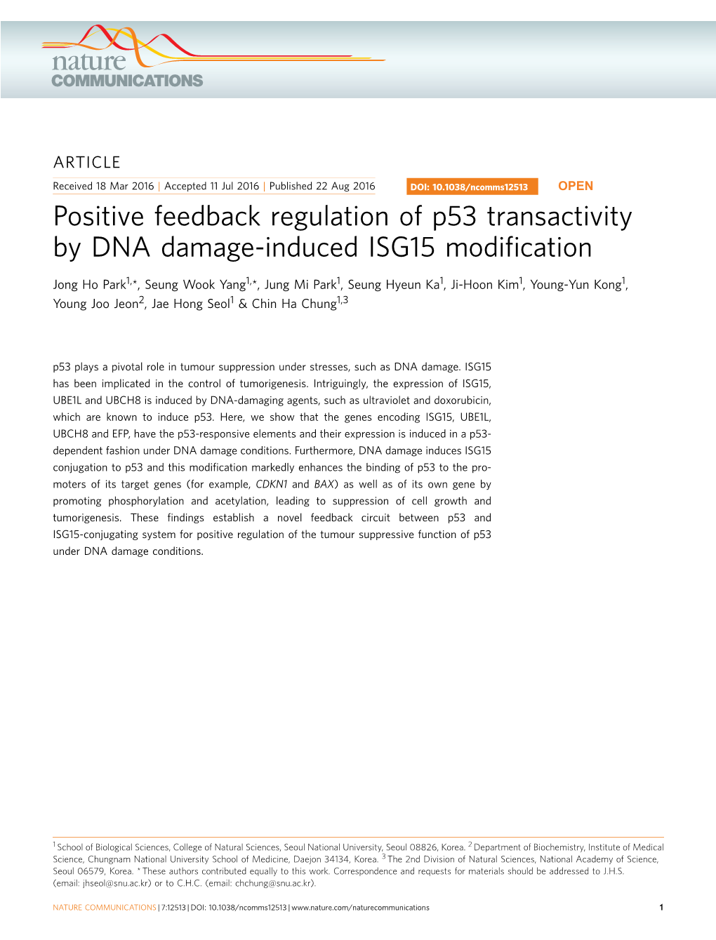 Positive Feedback Regulation of P53 Transactivity by DNA Damage-Induced ISG15 Modiﬁcation