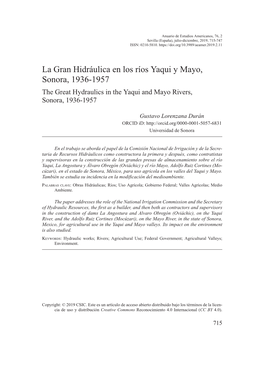 La Gran Hidráulica En Los Ríos Yaqui Y Mayo, Sonora, 1936-1957 the Great Hydraulics in the Yaqui and Mayo Rivers, Sonora, 1936-1957