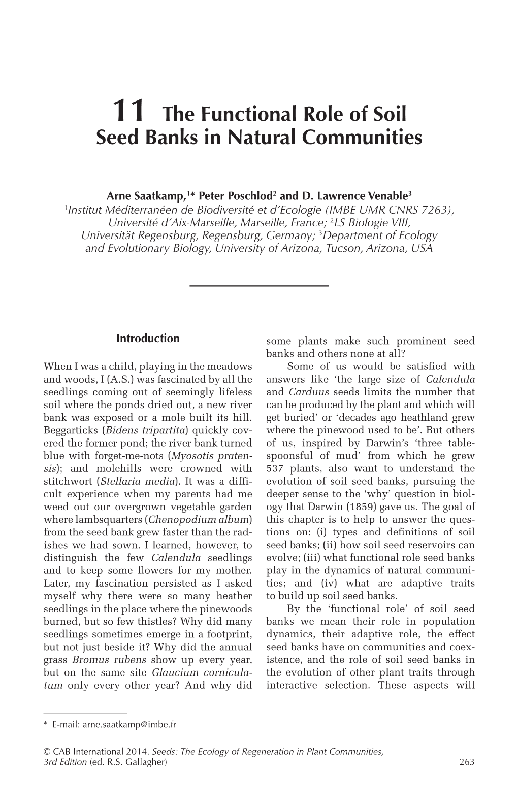 11 the Functional Role of Soil Seed Banks in Natural Communities