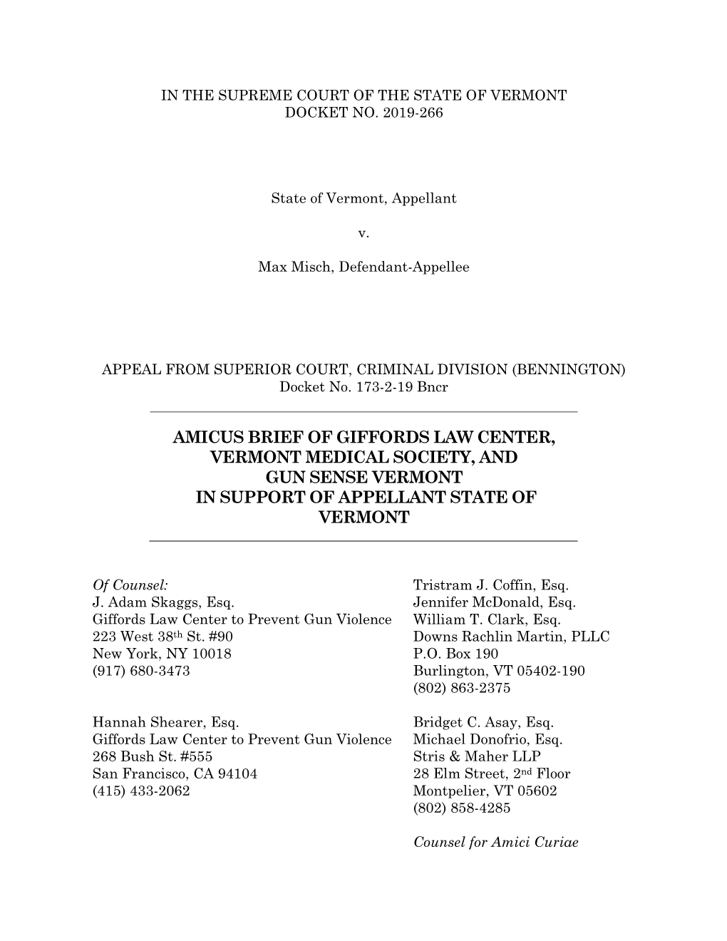 Amicus Brief of Giffords Law Center, Vermont Medical Society, and Gun Sense Vermont in Support of Appellant State of Vermont