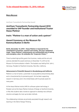 Amcham Transatlantic Partnership Award 2010 Awarded to SAP Founder and Institutional Trustor Hasso Plattner