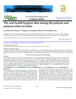 The Oral Health Hygiene Data Among the Paliyan and Pulayan Tribes in India