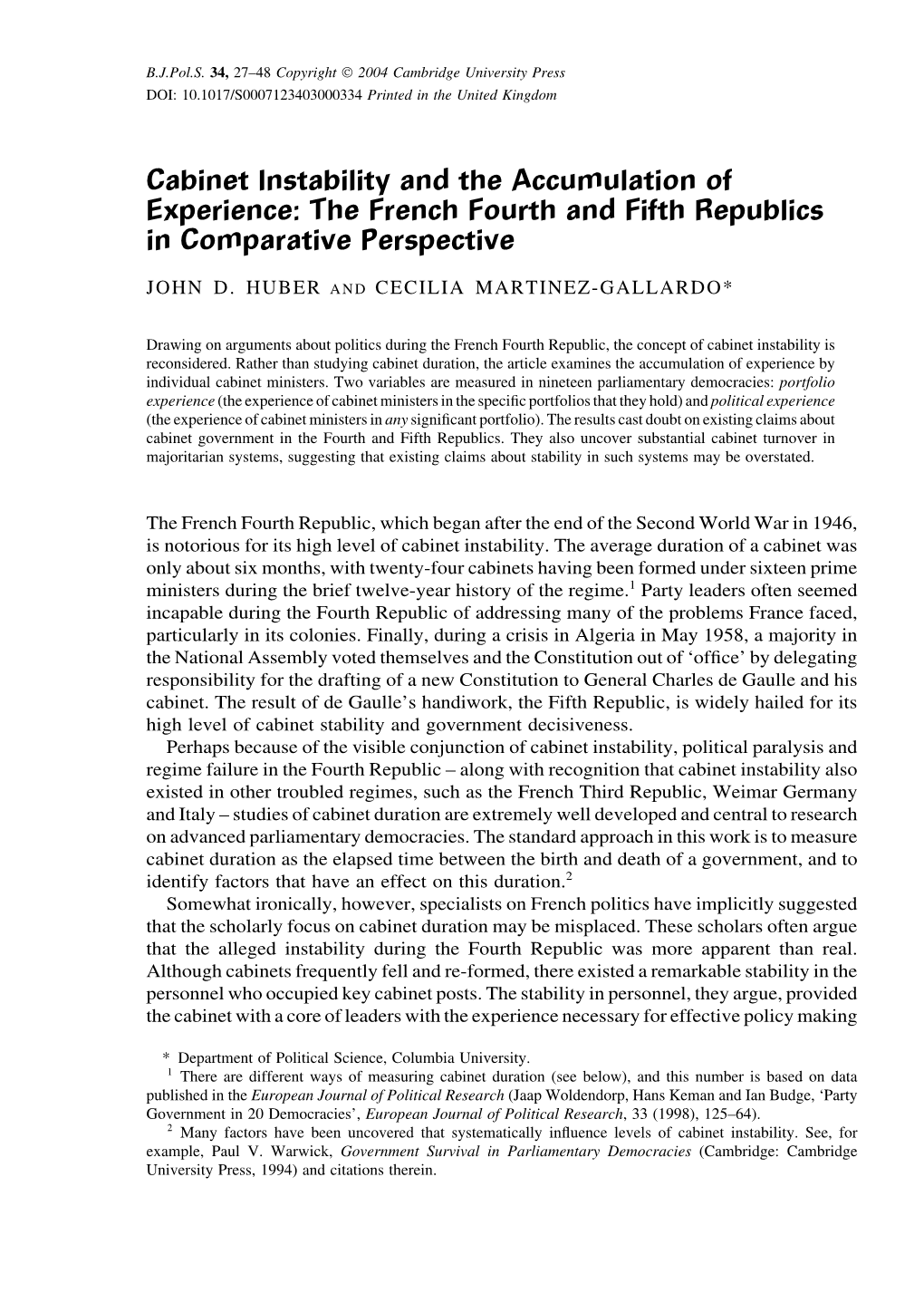 Cabinet Instability and the Accumulation of Experience: the French Fourth and Fifth Republics in Comparative Perspective