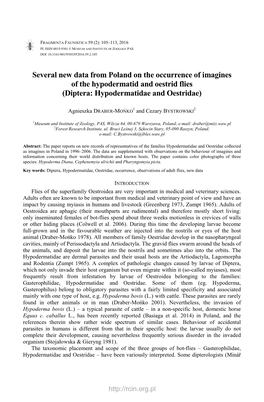 Several New Data from Poland on the Occurrence of Imagines of the Hypodermatid and Oestrid Flies (Diptera: Hypodermatidae and Oestridae)