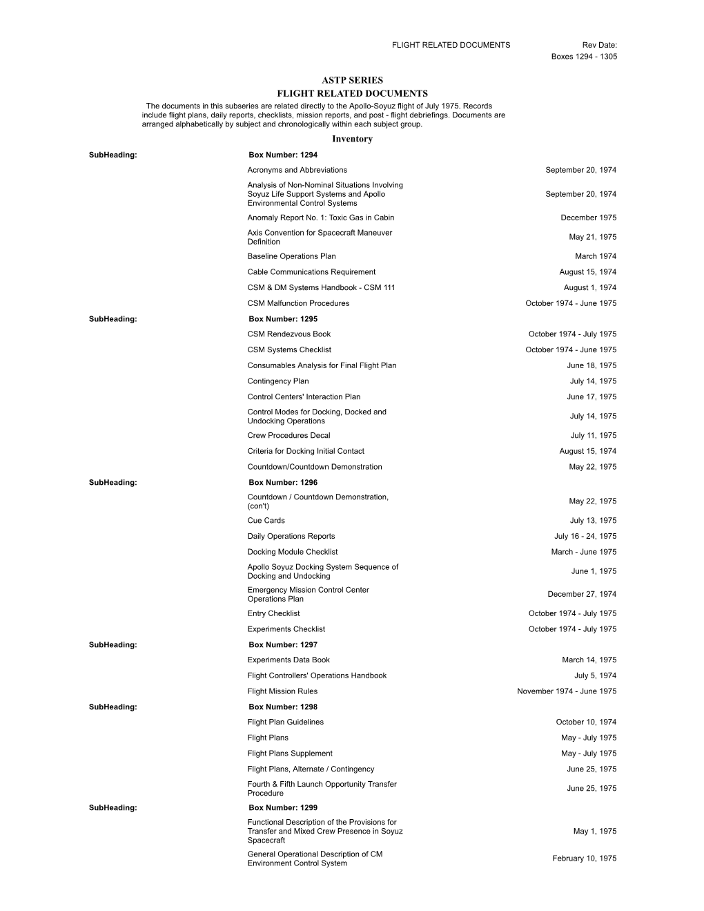 ASTP SERIES FLIGHT RELATED DOCUMENTS Inventory