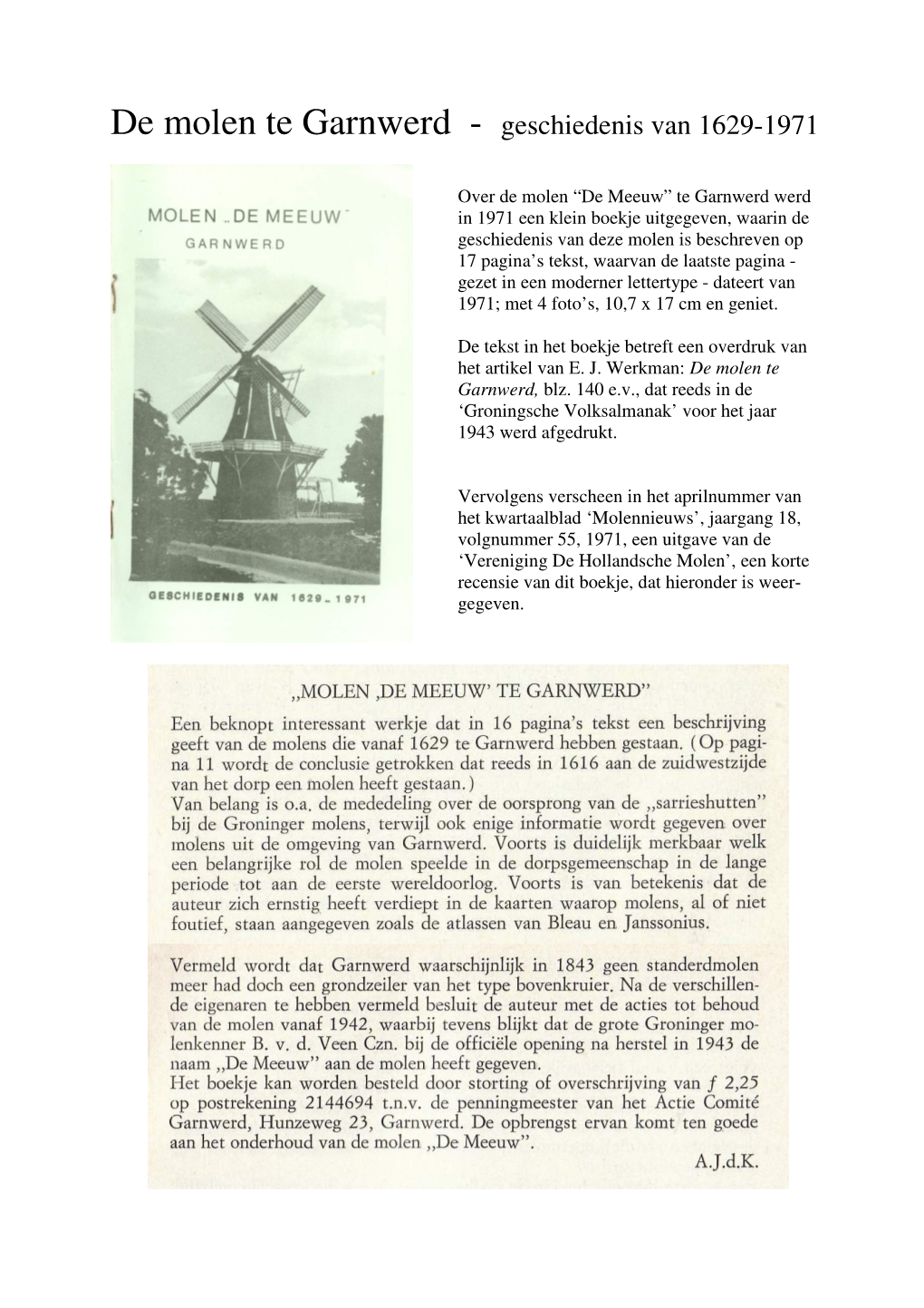 De Molen Te Garnwerd - Geschiedenis Van 1629-1971