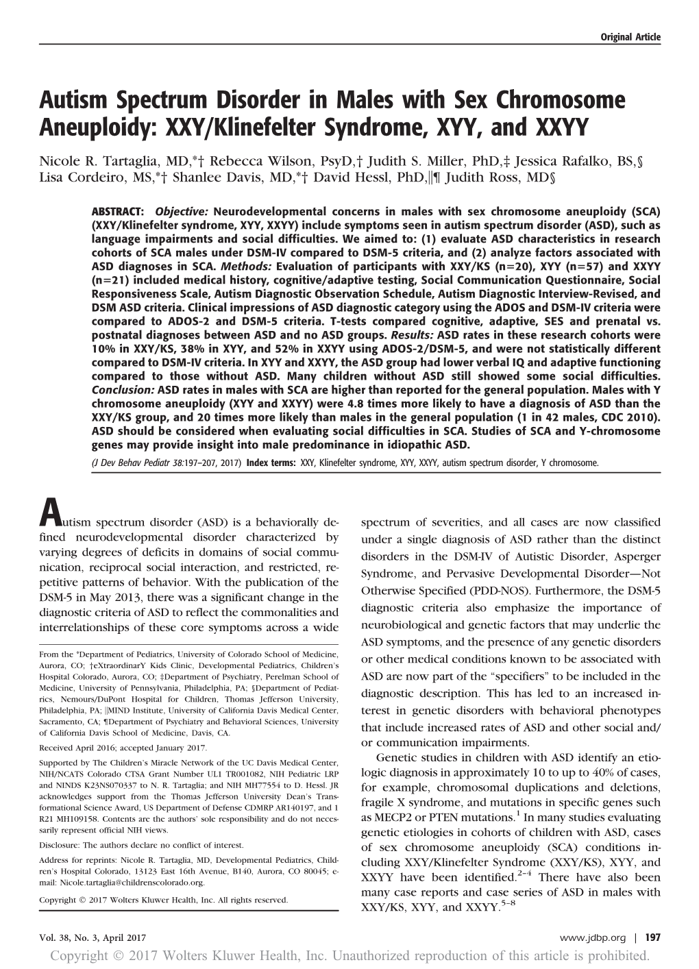 Autism Spectrum Disorder In Males With Sex Chromosome Aneuploidy Xxyklinefelter Syndrome Xyy 0124