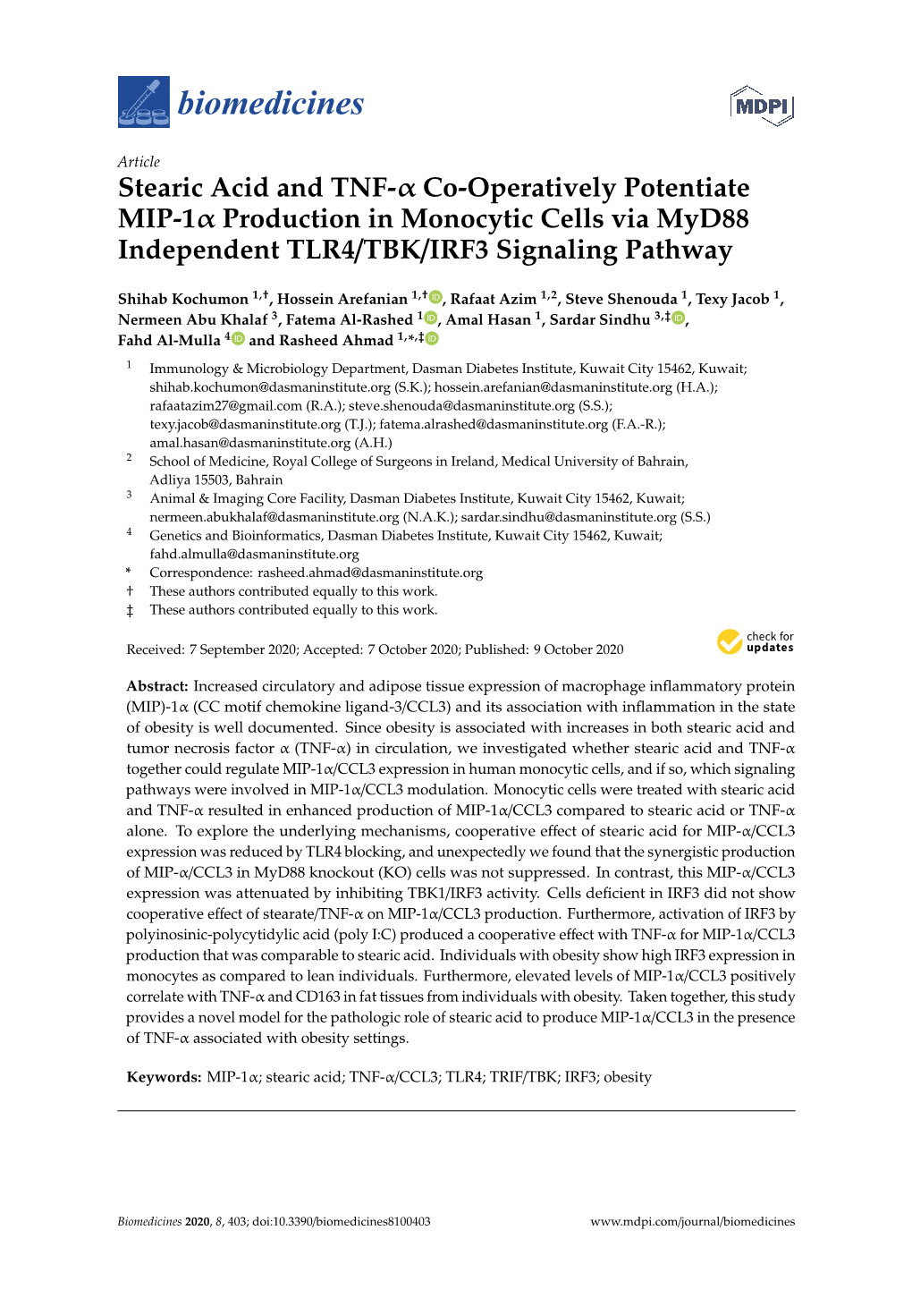 Stearic Acid and TNF-Α Co-Operatively Potentiate MIP-1Α Production in Monocytic Cells Via Myd88 Independent TLR4/TBK/IRF3 Signaling Pathway