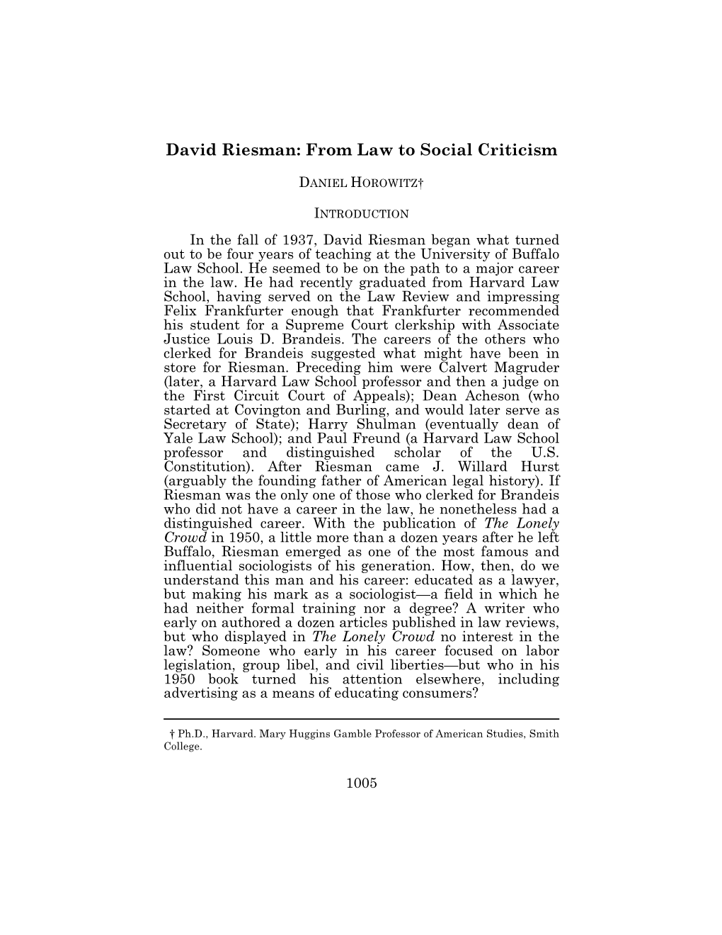 David Riesman: from Law to Social Criticism