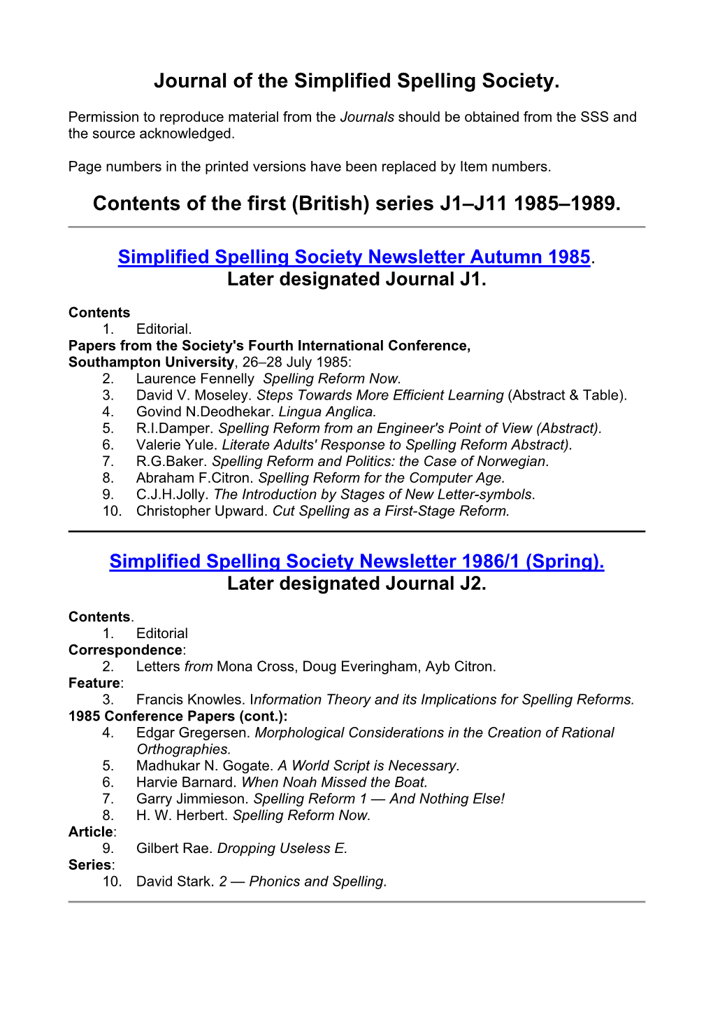 Simplified Spelling Society Journal Contents