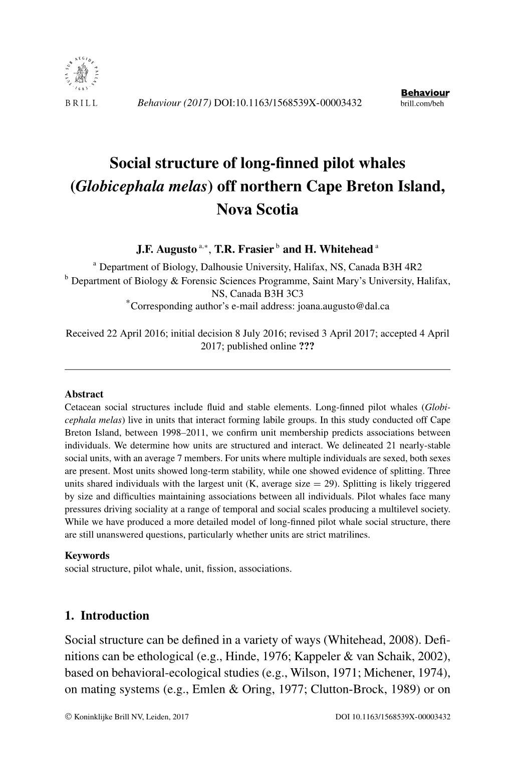 Social Structure of Long-Finned Pilot Whales (Globicephala Melas) Off Northern Cape Breton Island, Nova Scotia