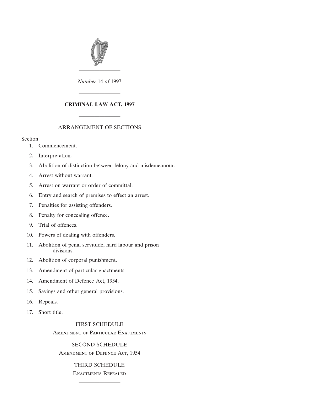 ———————— Number 14 of 1997 ———————— CRIMINAL LAW ACT, 1997 ———————— ARRANGEMENT