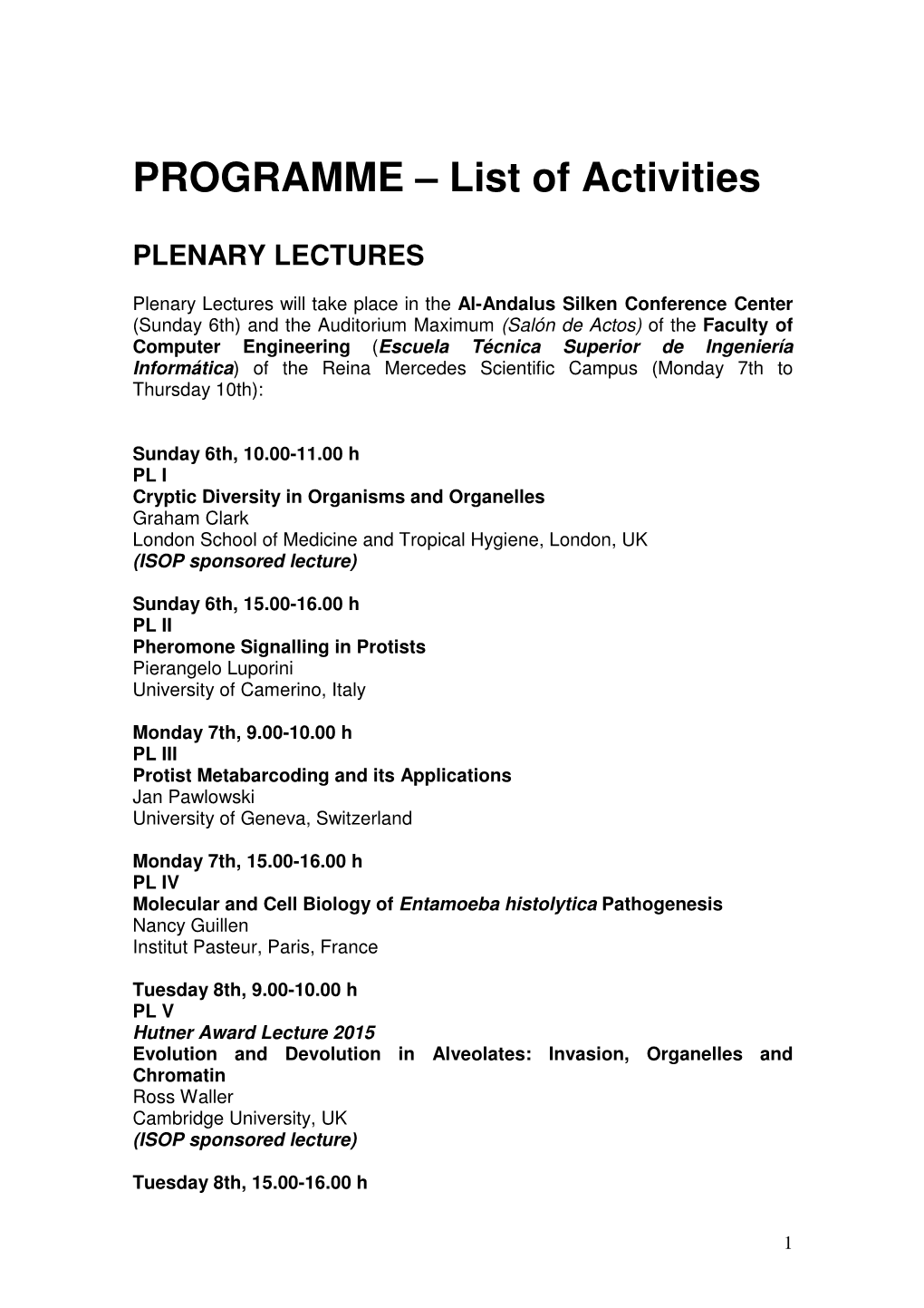 PROGRAMME – List of Activities