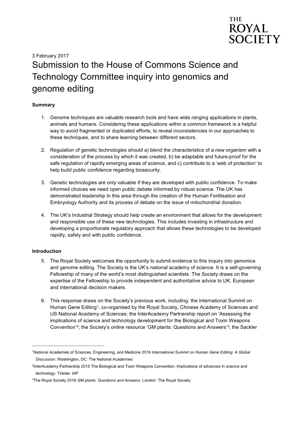 Submission to the House of Commons Science and Technology Committee Inquiry Into Genomics and Genome Editing