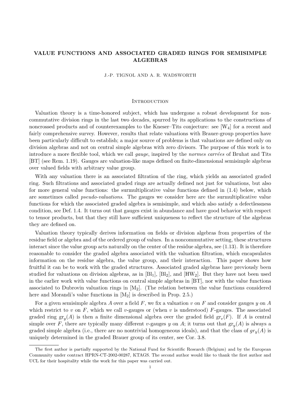 Value Functions and Associated Graded Rings for Semisimple Algebras