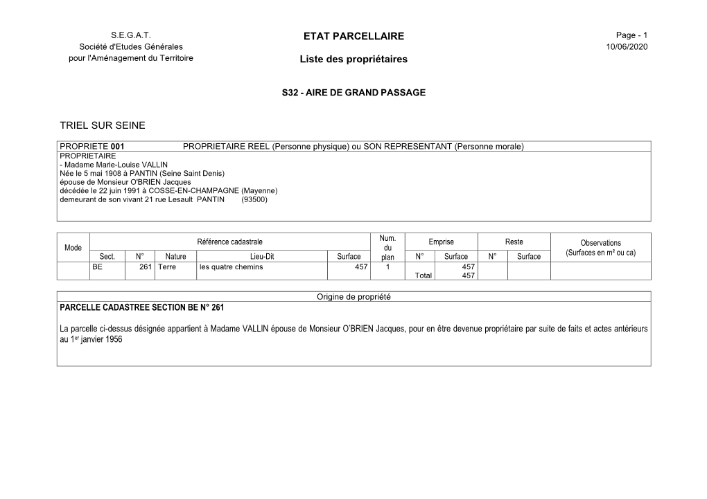 ETAT PARCELLAIRE Liste Des Propriétaires TRIEL SUR SEINE