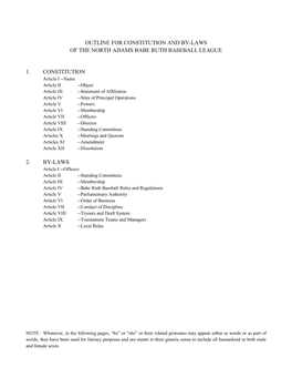 Outline for Constitution and By-Laws of the North Adams Babe Ruth Baseball League