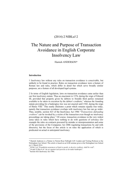 The Nature and Purpose of Transaction Avoidance in English Corporate Insolvency Law