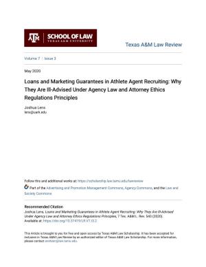 Loans and Marketing Guarantees in Athlete Agent Recruiting: Why They Are Ill-Advised Under Agency Law and Attorney Ethics Regulations Principles