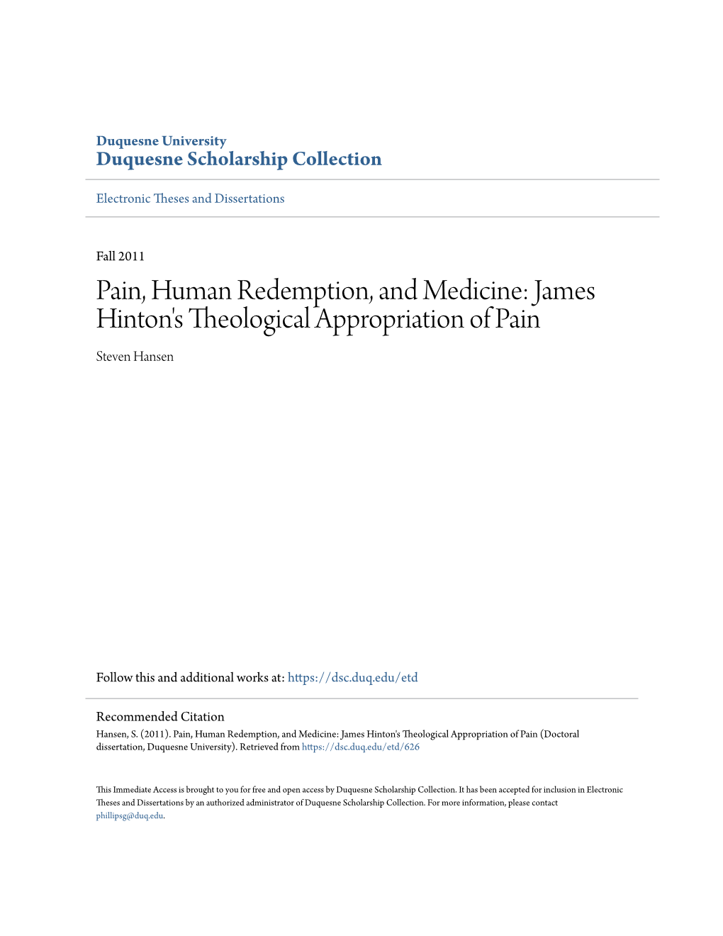 James Hinton's Theological Appropriation of Pain Steven Hansen