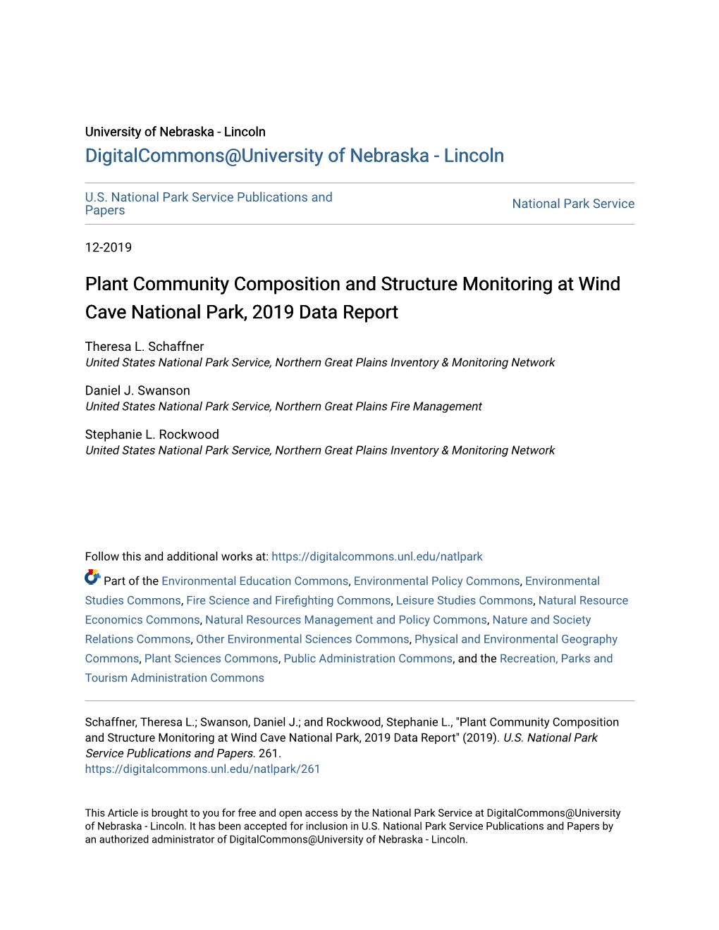 Plant Community Composition and Structure Monitoring at Wind Cave National Park, 2019 Data Report