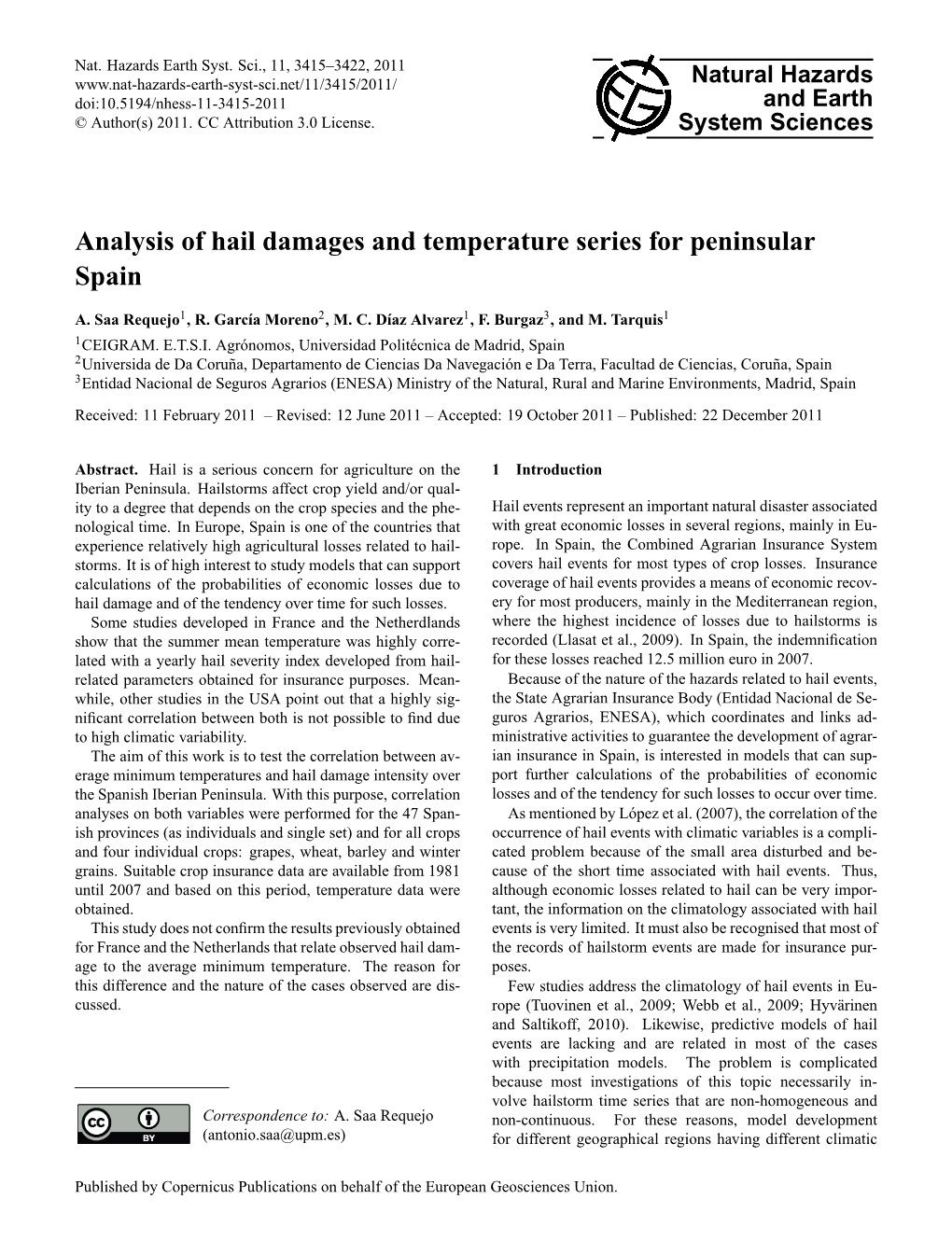 Analysis of Hail Damages and Temperature Series for Peninsular Spain