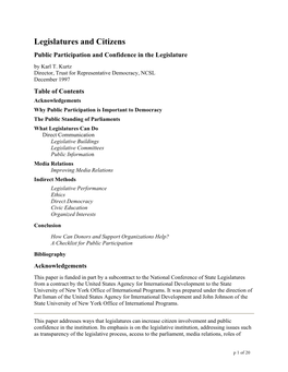 Legislatures and Citizens Public Participation and Confidence in the Legislature by Karl T