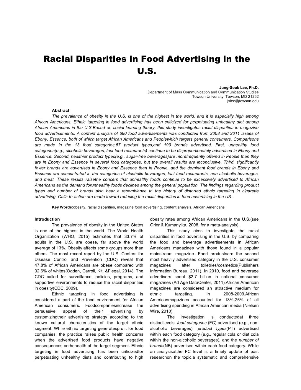 Racial Disparities in Food Advertising in the U.S