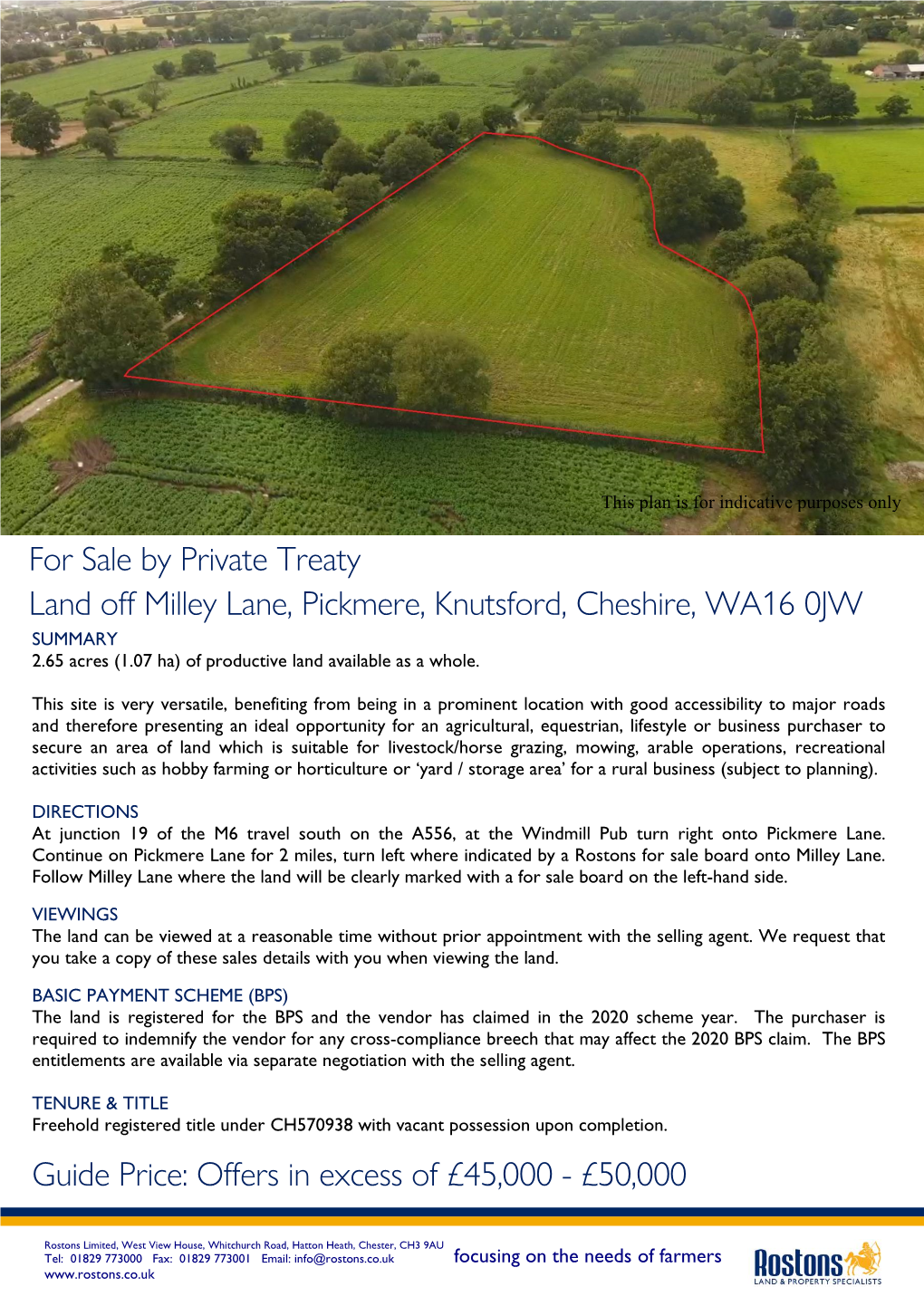 For Sale by Private Treaty Land Off Milley Lane, Pickmere, Knutsford, Cheshire, WA16 0JW Guide Price