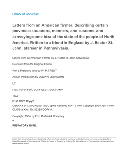 Letters from an American Farmer, Describing Certain Provincial Situations, Manners, and Customs, and Conveying Some Idea of the State of the People of North America