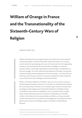 William of Orange in France and the Transnationality of the Sixteenth-Century Wars of Religion 33