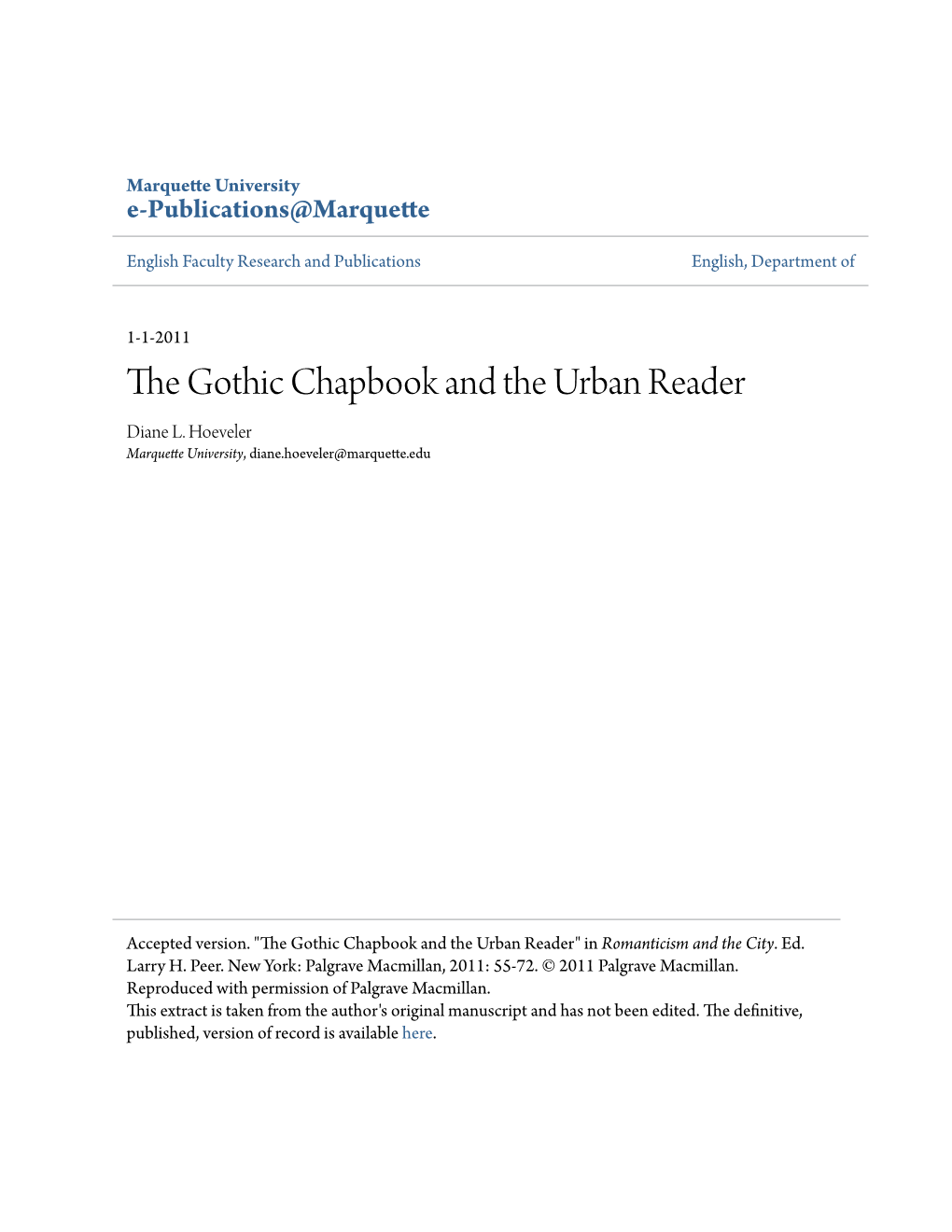 The Gothic Chapbook and the Urban Reader
