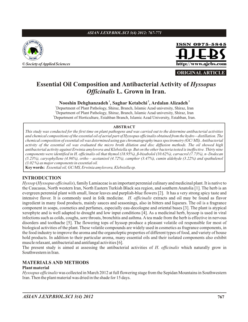 Essential Oil Composition and Antibacterial Activity of Hyssopus Officinalis L