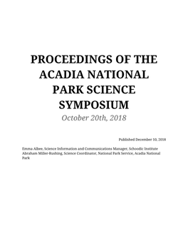 PROCEEDINGS of the ACADIA NATIONAL PARK SCIENCE SYMPOSIUM October 20Th, 2018