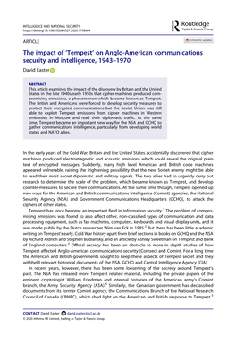 Tempest’ on Anglo-American Communications Security and Intelligence, 1943–1970 David Easter