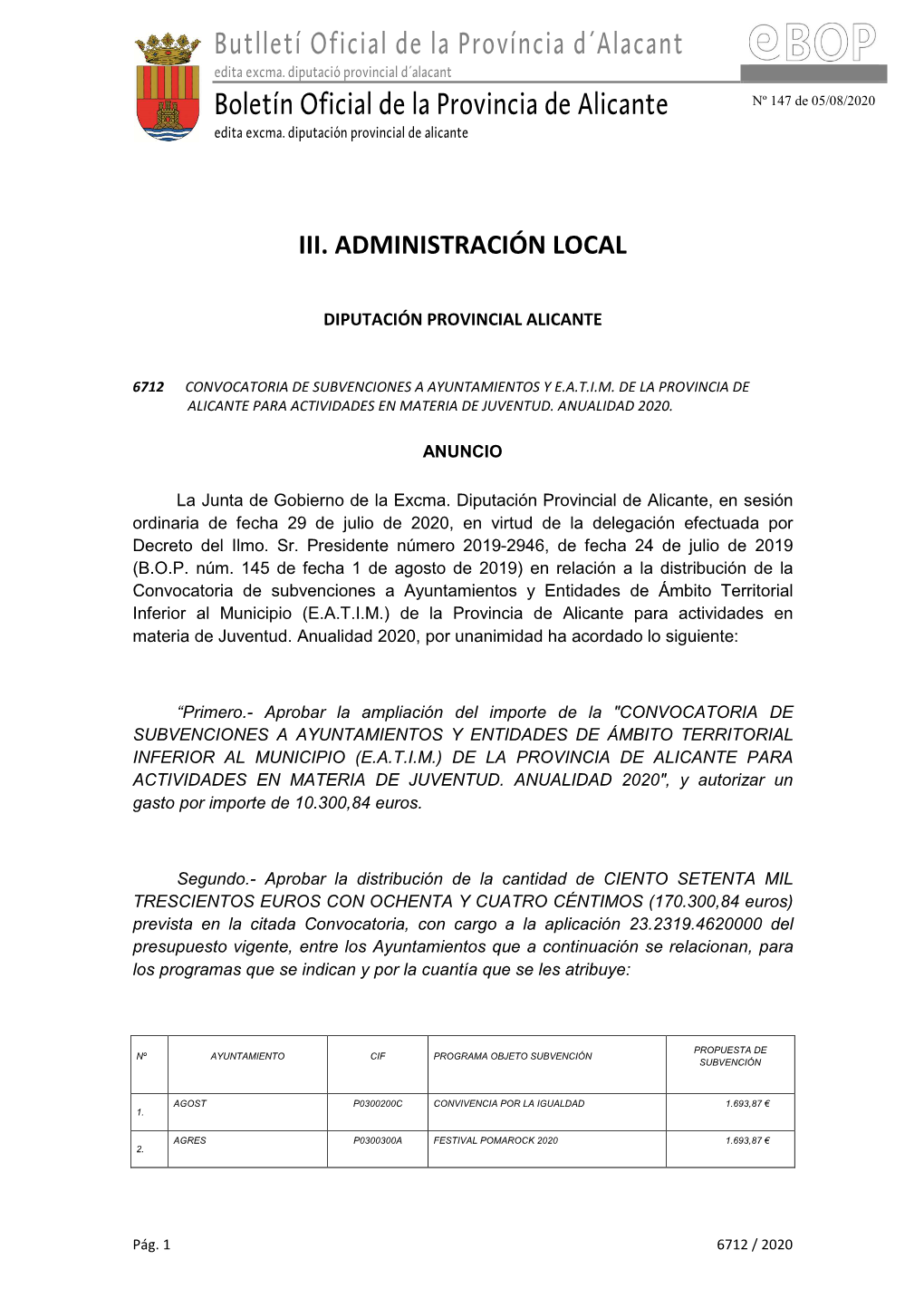 Butlletí Oficial De La Província D´Alacant Boletín Oficial De La